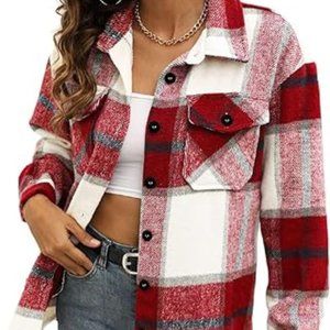 Red Casual Plaid Shacket Button Down Long Sleeve Shirt